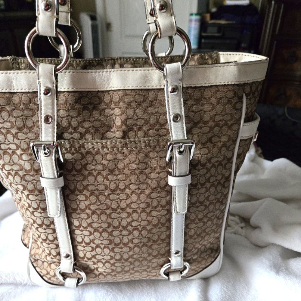 Coach Brown and Cream Monogram Tote with Leather Accents